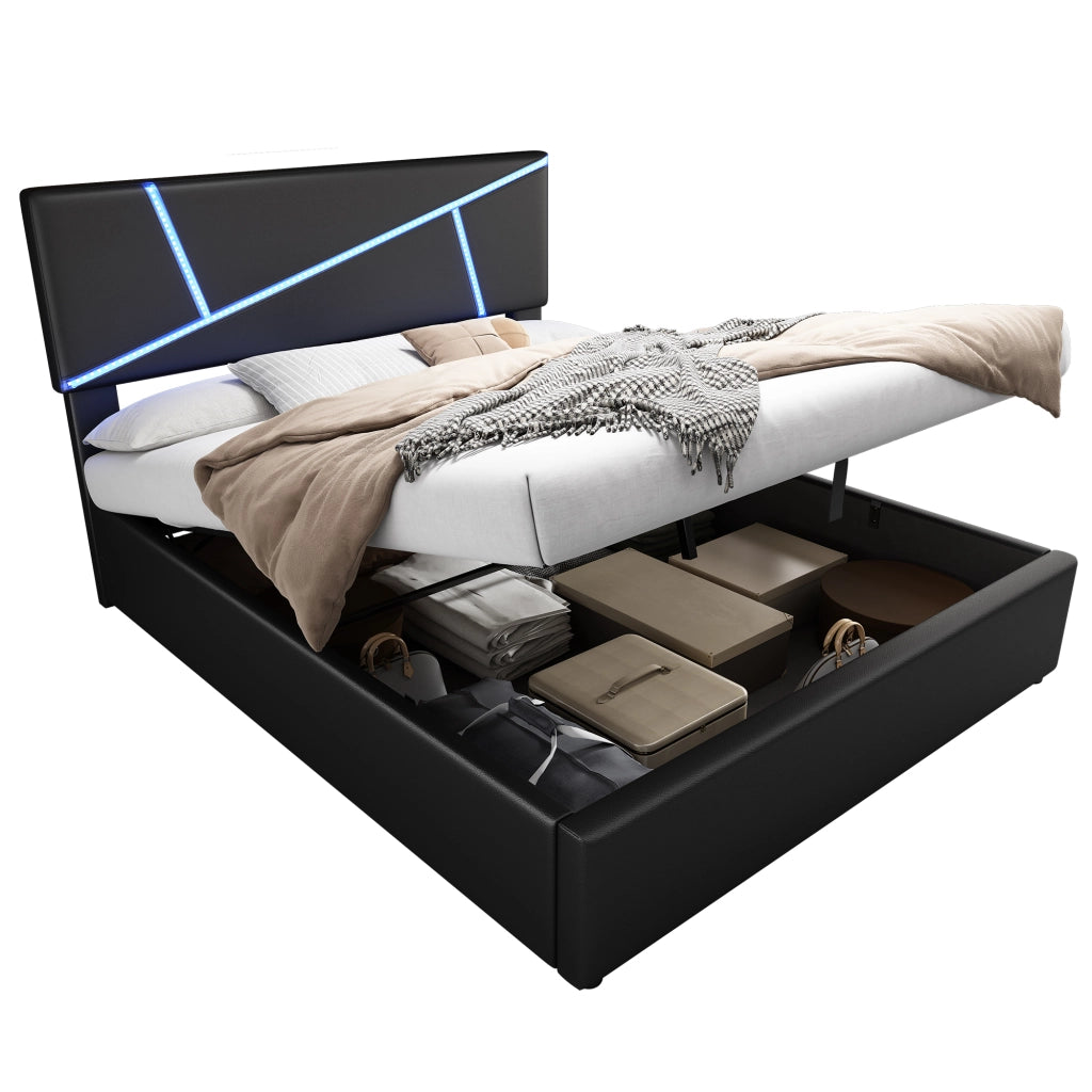 Comfort Double Bed 140x200cm con strisce LED luminose; base idraulica in sintetica pelle nera