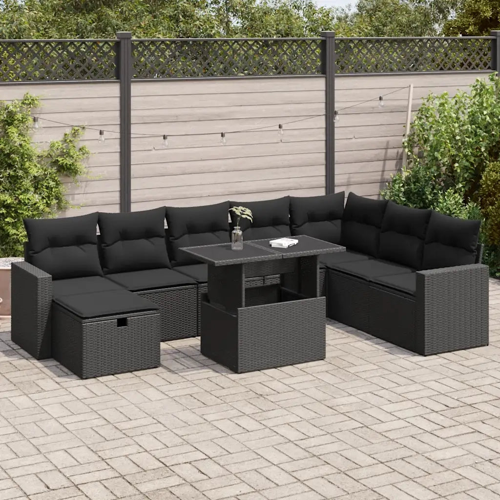 Set Divani da Giardino 9 pz con Cuscini Nero in Polyrattan 3327835