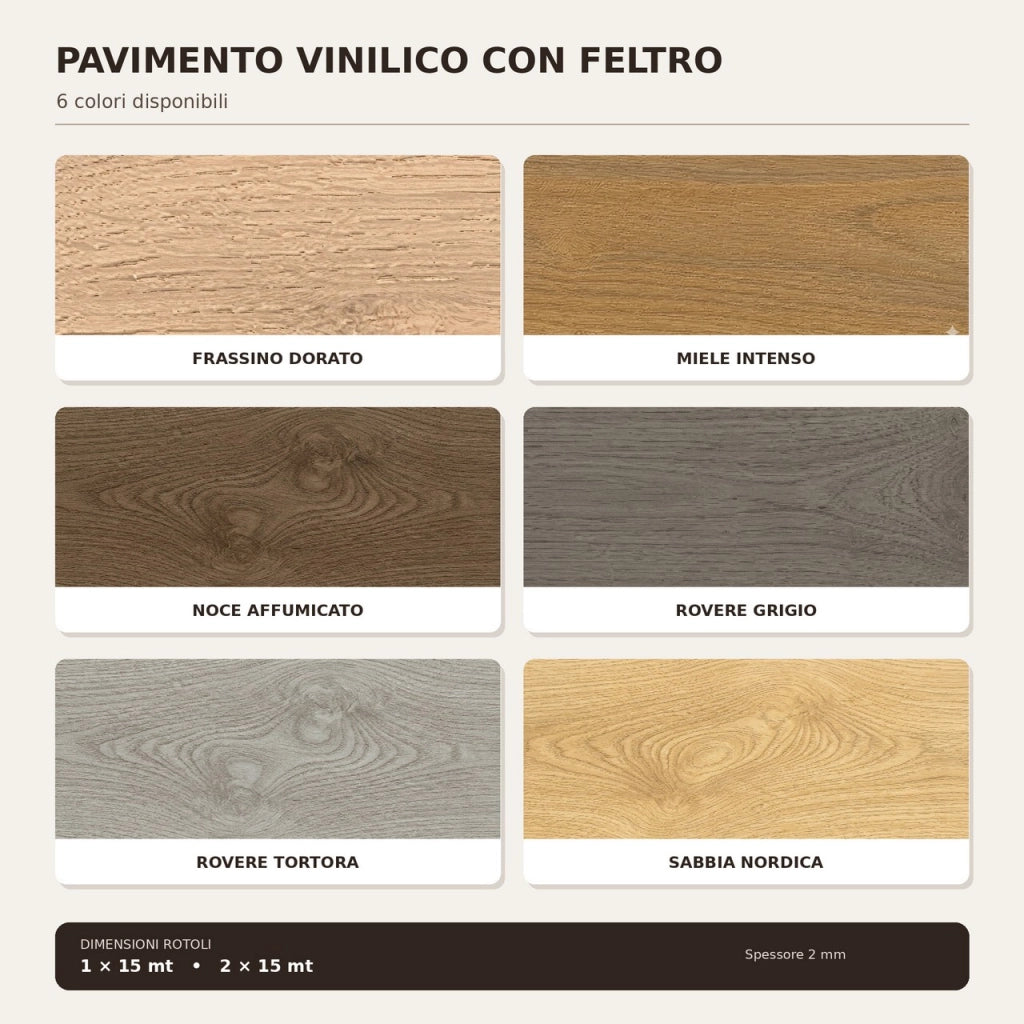 1 x 15 m (15 m²) Pavimento Vinilico a Rotolo Effetto Legno Rovere Grigio – Spessore 2 mm con Feltro Fonoassorbente