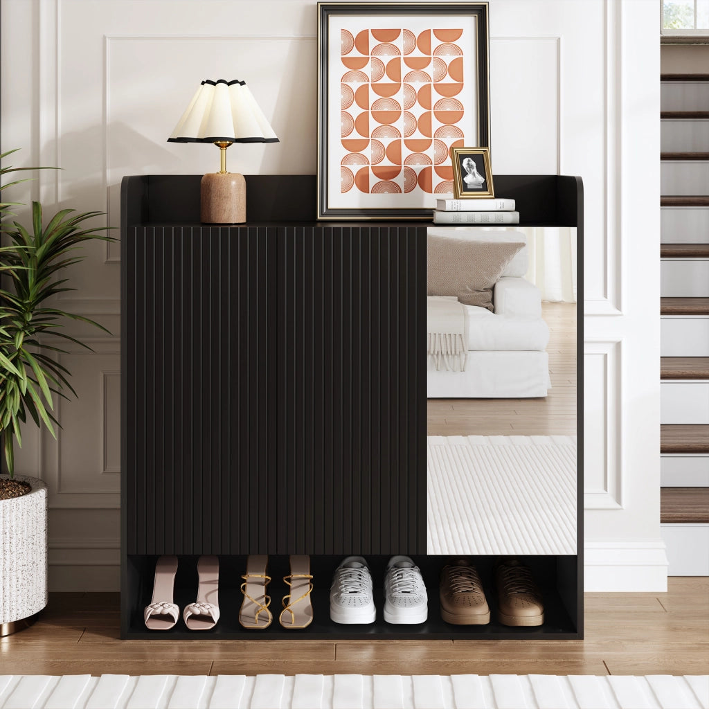 Scarpiera con Specchio Intero e Struttura a Righe Nere ¨C Xylo ¨C Nero, Multiripiano
