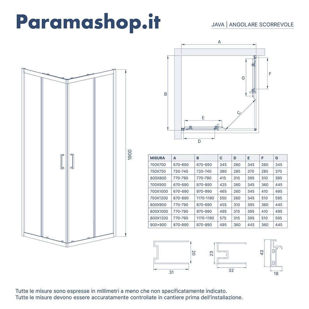 Box doccia 75x75 cm apertura scorrevole cristallo 6mm trasparente | Java