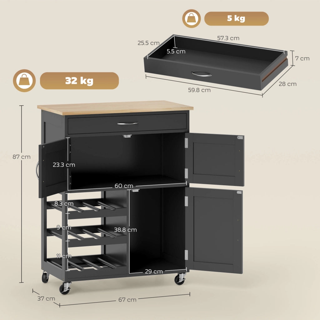 Carrello Portabottiglie da Cucina in Legno con Ante e Cassetto ¨C Zephmum ¨C Nero e Rovere 67x37x87 cm