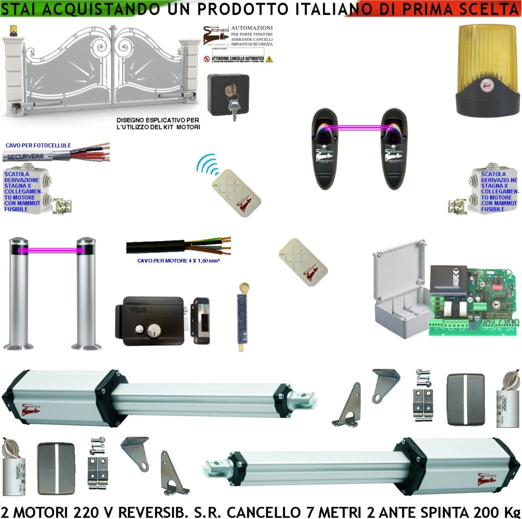 Cancello Automatico da 7 Metri 2 Ante da 3,5 MT Kit Motori Elettromeccanici 2320 V Reversibili Centrale 2 Coppie Fotocellule 2 Radiocomandi Faro Serratura Paline Selettore 2 Scatole Fusibili 2 Cavi