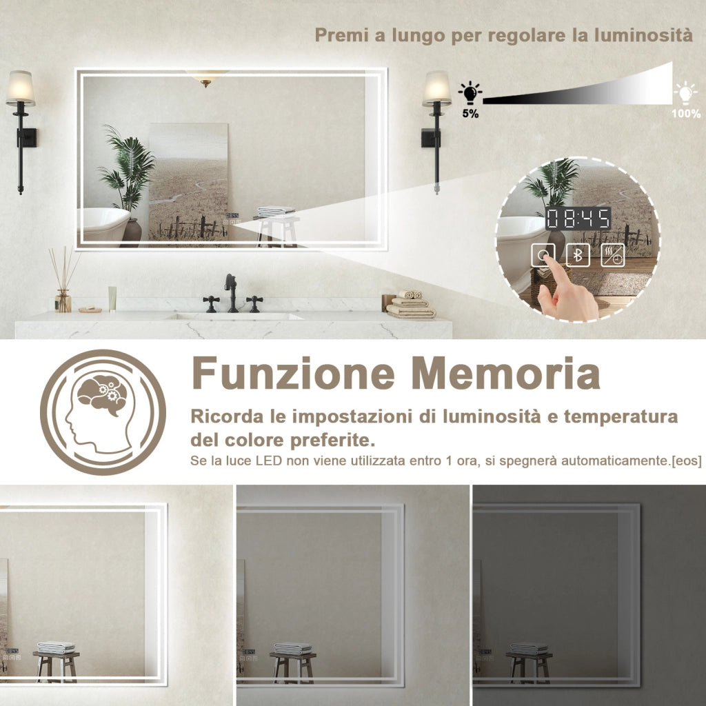 Specchio bagno Rettangolare 100x60cm Led Con 3 Luci Bluetooth + Orologio + Antiappannamento