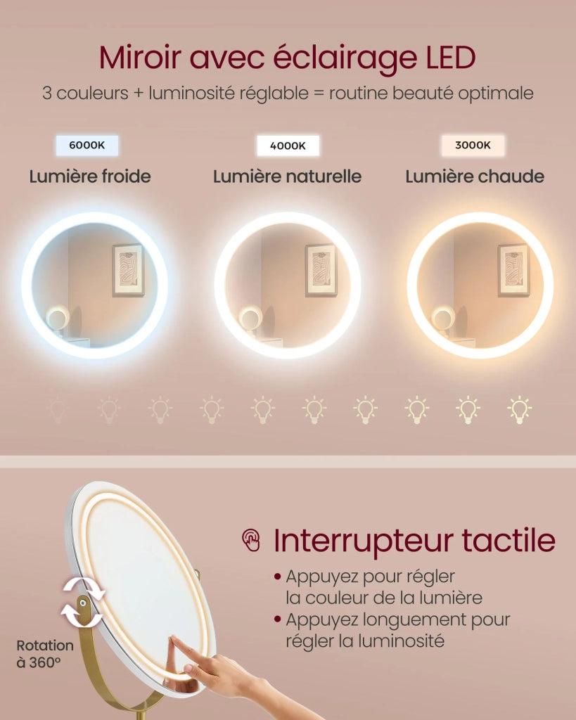 Toletta con specchio girevole e sgabello toletta con specchio illuminazione e ciabatta sgabello imbottito per camera da letto toletta 40 x 80 x 1348 cm bianco opaco e oro chiaro 12_0005163