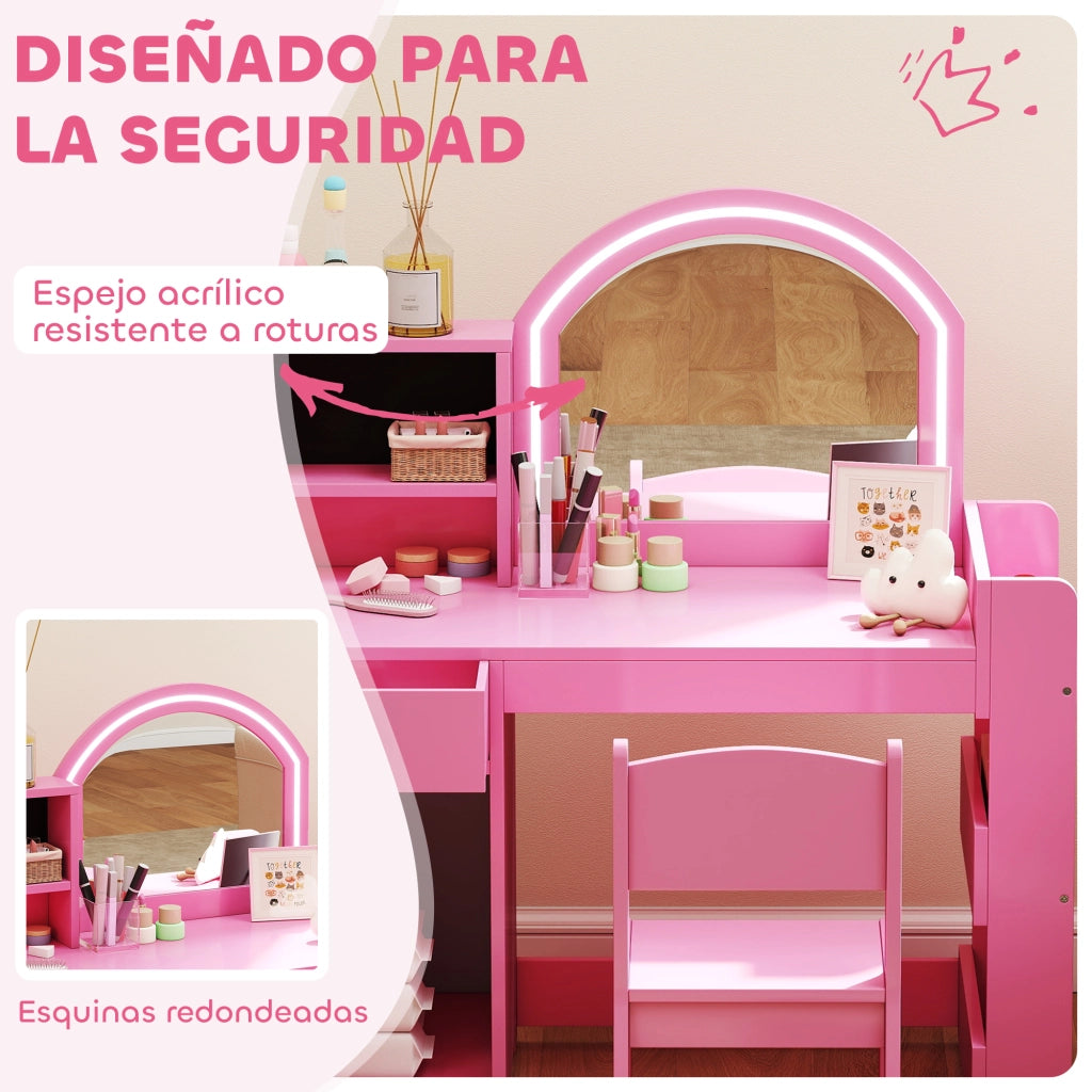 Tocador Bambini con Luce LED e Specchio ¨C Minimal ¨C Rosa, 1 Cassetto e 5 Ripiani