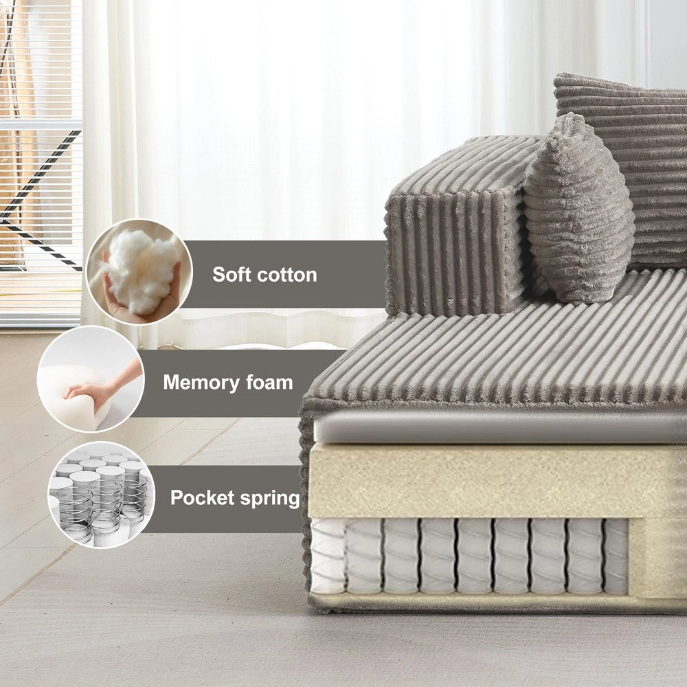 Divano Angolare con Chaise Longue ¨C MINIMAL ¨C Velluto a Coste, Grigio, Modulare