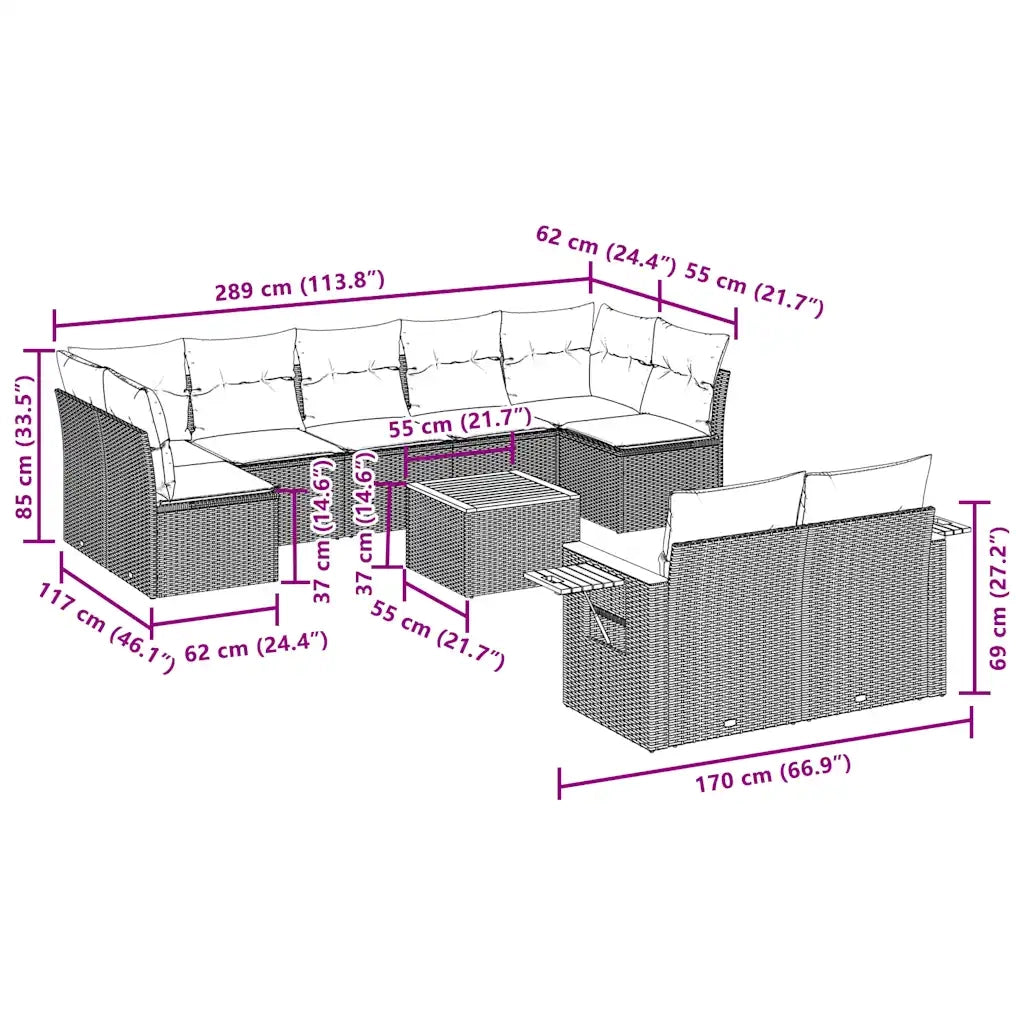 Set Divani da Giardino 10 pz con Cuscini Grigio in Polyrattan 3227139