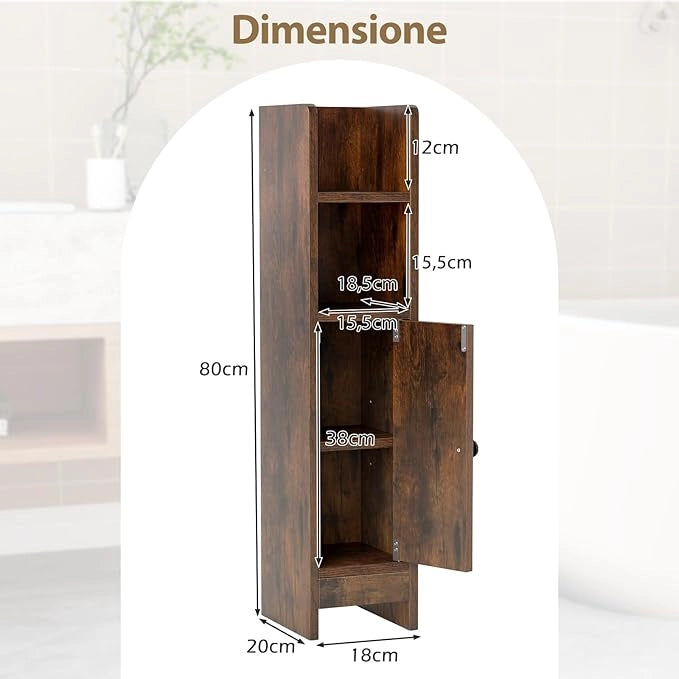 Mobiletto Bagno, Credenza da Terra in Legno per Angoli con Porta e Ripiani Regolabili, Credenza Stretta Salvaspazia per Porta Carta Igienica, Ideale per Bagno e Cucina (Marrone)