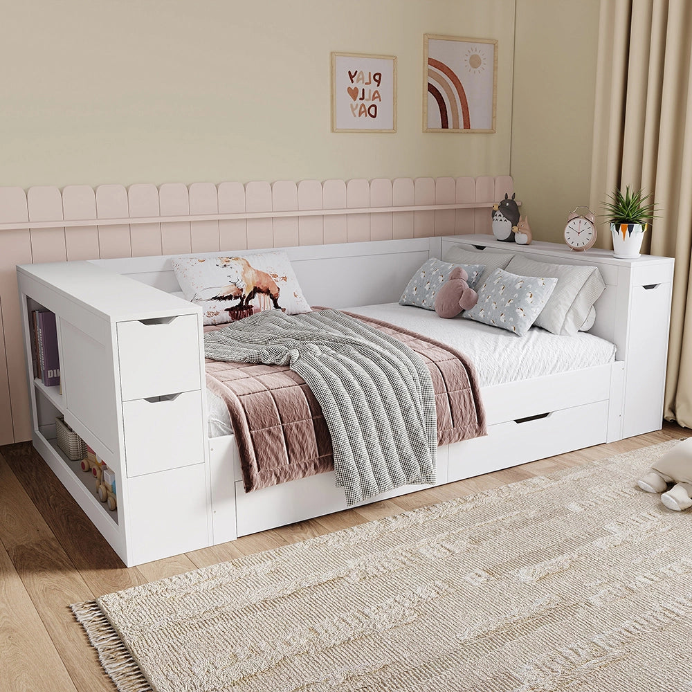 Letto-Xylo-140x200 cm-con cassetti, scrivania, comodini, bianco