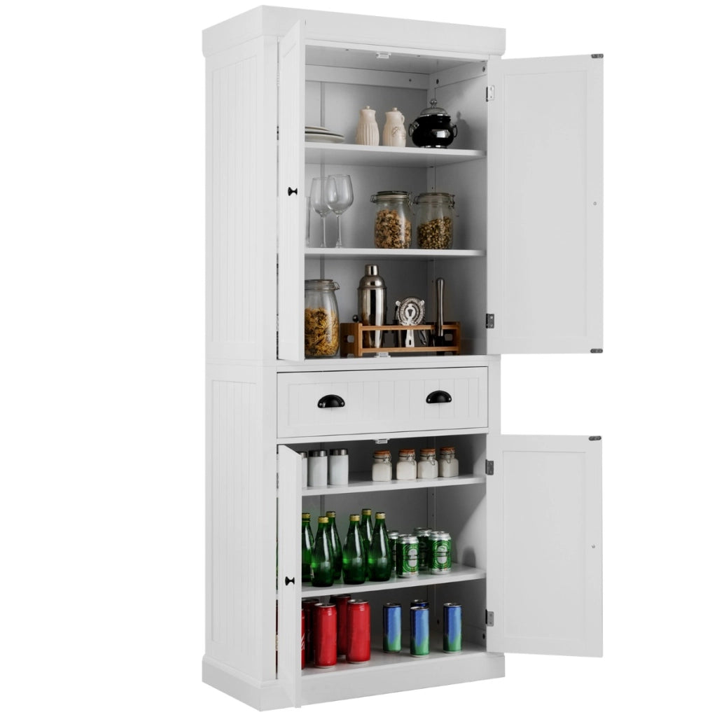 Mobile dispensa da cucina alto 183cm con ripiani regolabili 2 ante e cassetto, Mobile credenza da soggiorno Bianco