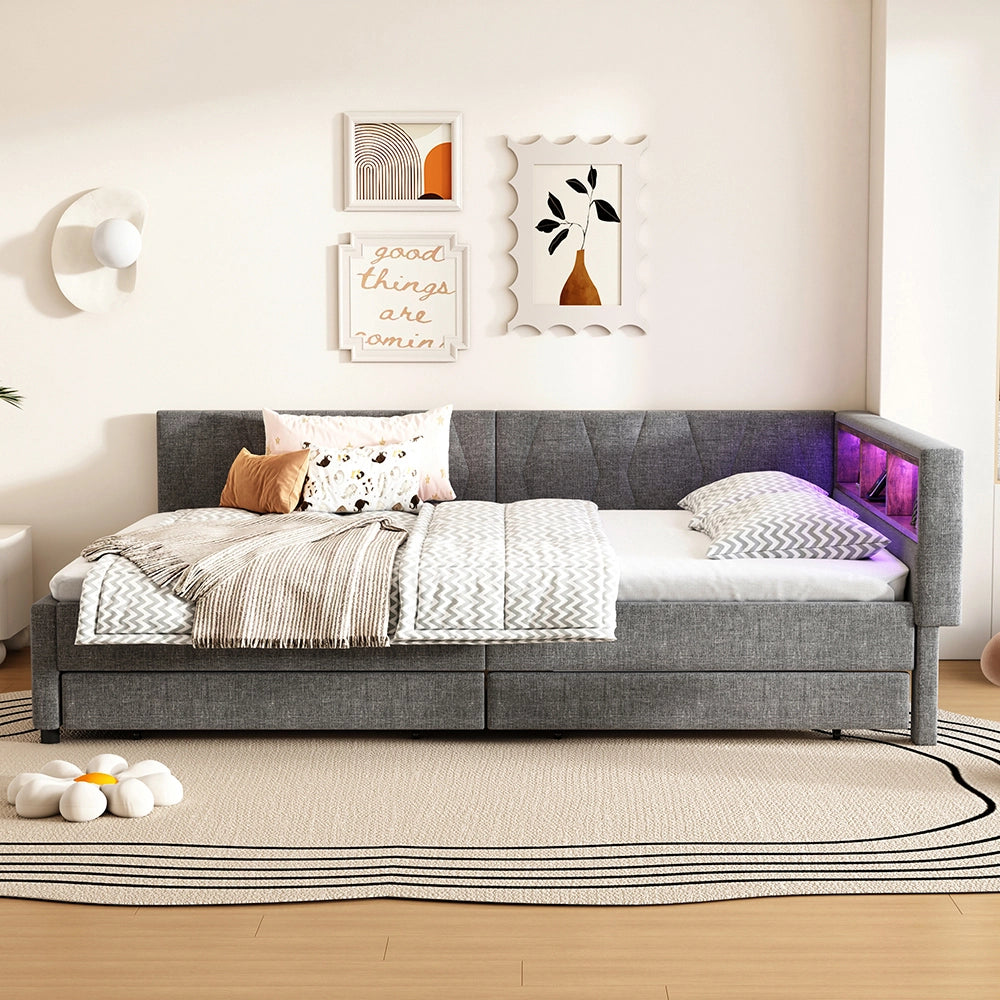 Daybed-Xylo-140x200 cm-LED, USB-C, 2 cassetti, lino grigio