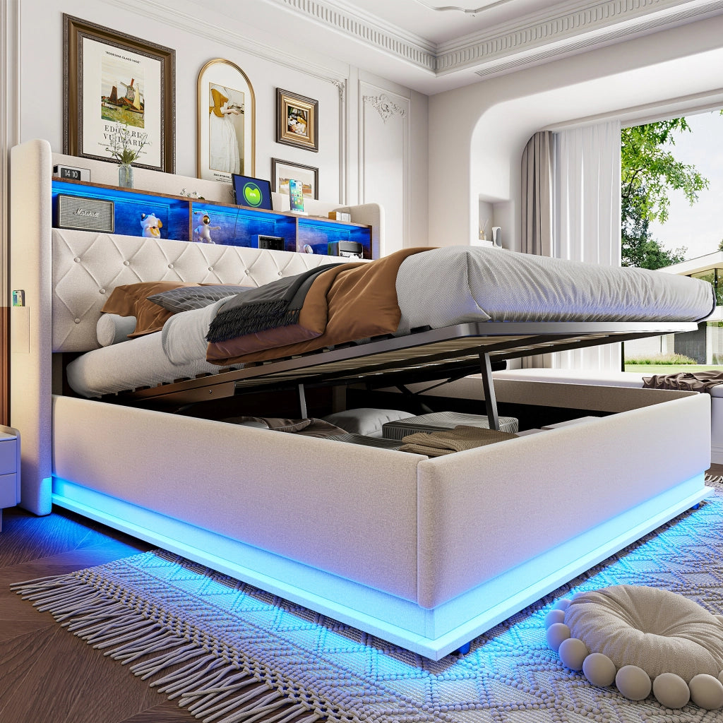 LETTO Imbottito 180x200 cm Beige con LED, USB e vano contenitore