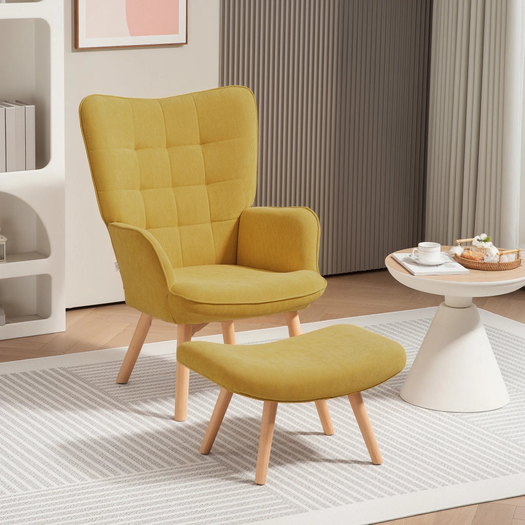 Poltrona relax con poggiapiedi ¨C Xylo ¨C tessuto effetto velluto a coste, gambe in legno, arancione