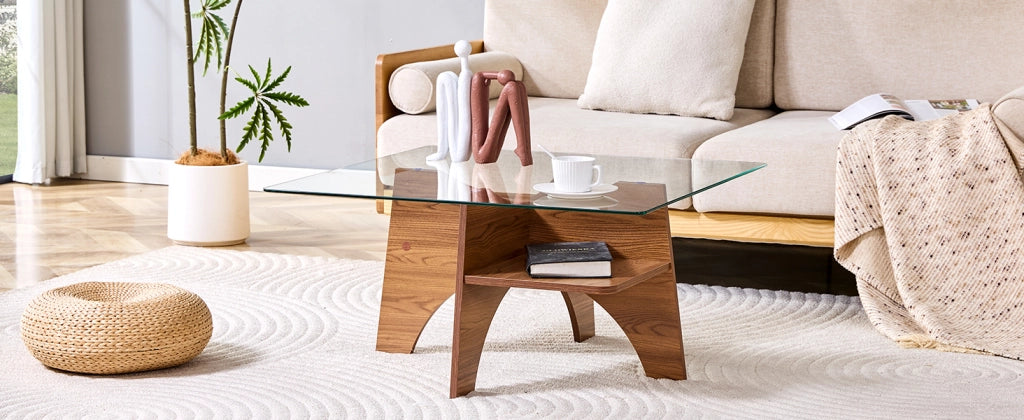 TAVOLINO Quadrato 80x80x40 cm Vetro temperato e MDF effetto noce