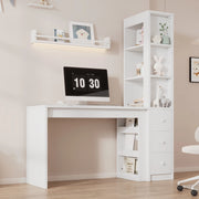 Scrivania lineare con libreria, 3 cassetti e mobile laterale, per studio e lavoro, bianco