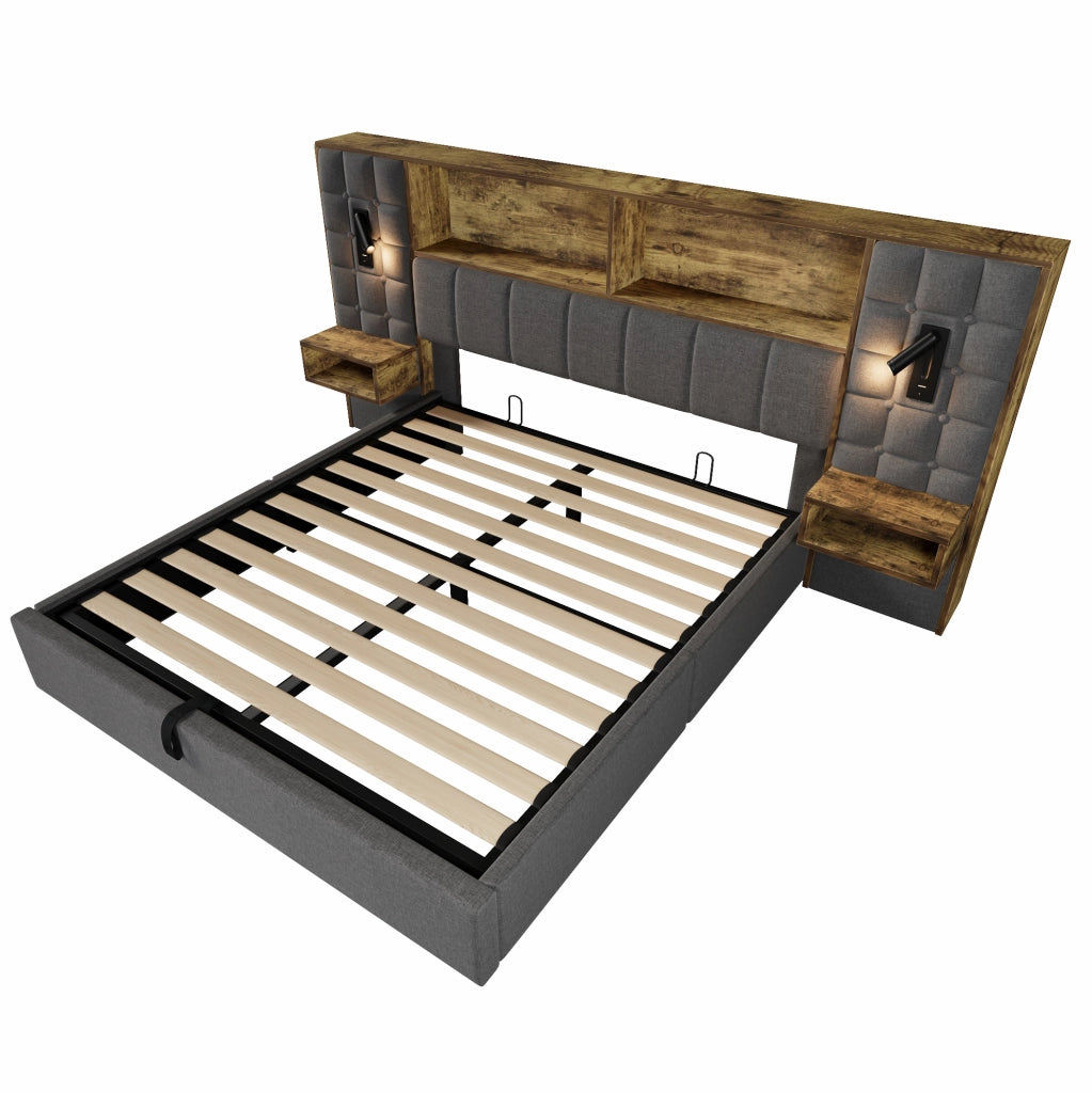 Letto matrimoniale 160x200 cm in lino grigio con contenitore; lampade da lettura e prese USB Type-C