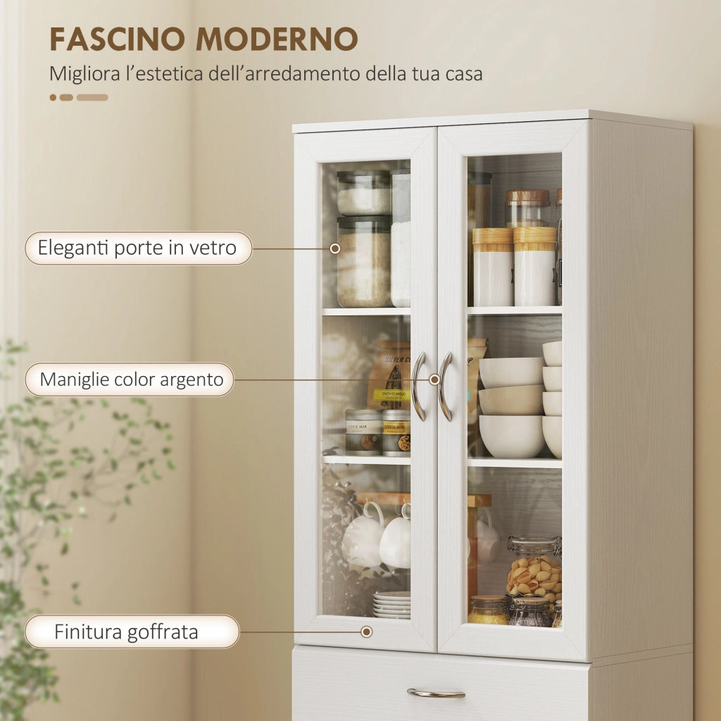 Credenza Cucina con Ante in Vetro e Cassetti ¨C Minimal ¨C Bianco 60x35x180 cm