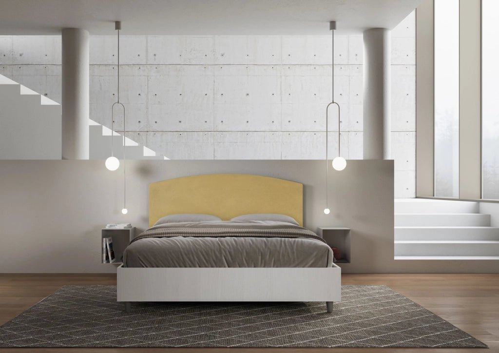 Letto Matrimoniale 160x190 cm con Rete e Contenitore Alzata Comoda Struttura Bianco Frassico e Testata in Microfibra