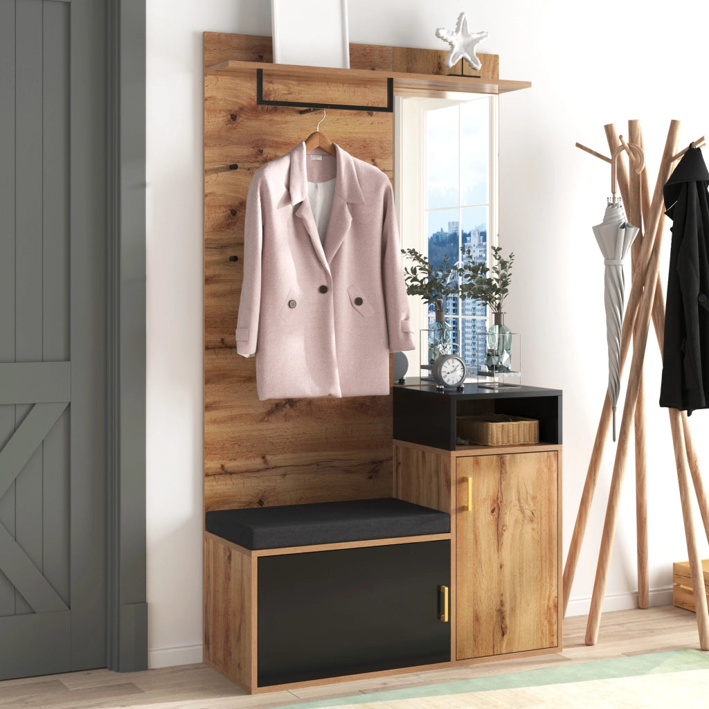 ARMADIO INGRESSO Set da 2 pezzi con specchio 105x40x191,5 cm Nero/Legno