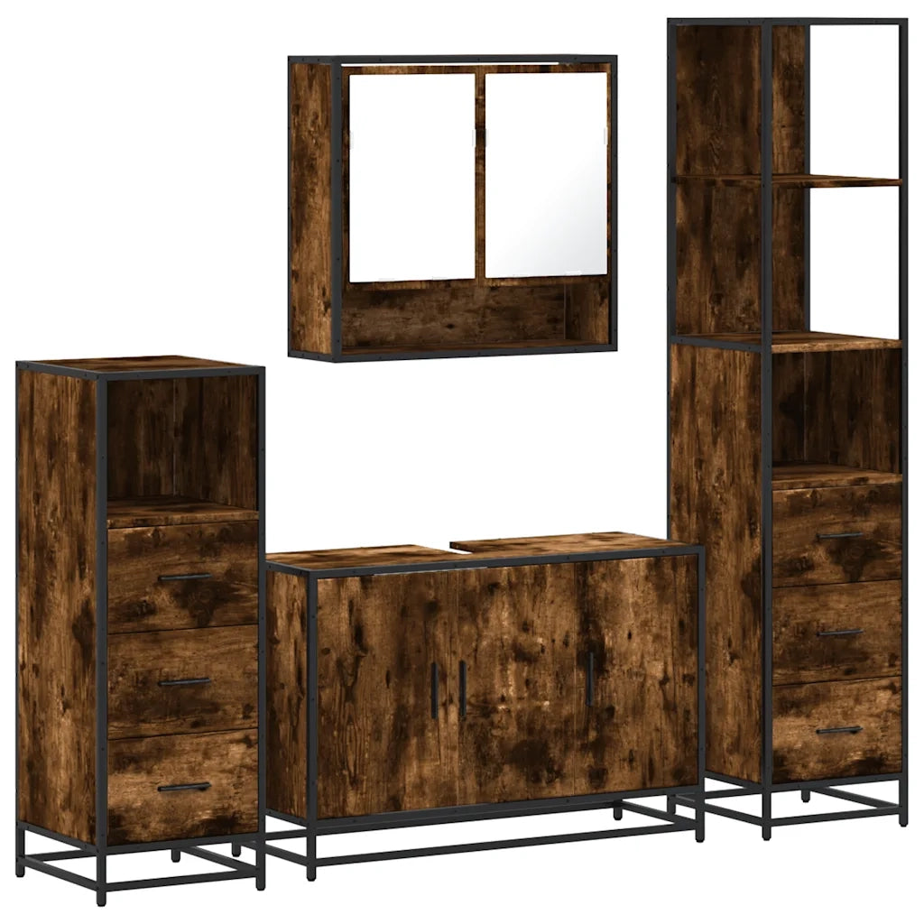 Set Mobili da Bagno | Armadio da bagno 4 pz Rovere Fumo in Legno Multistrato