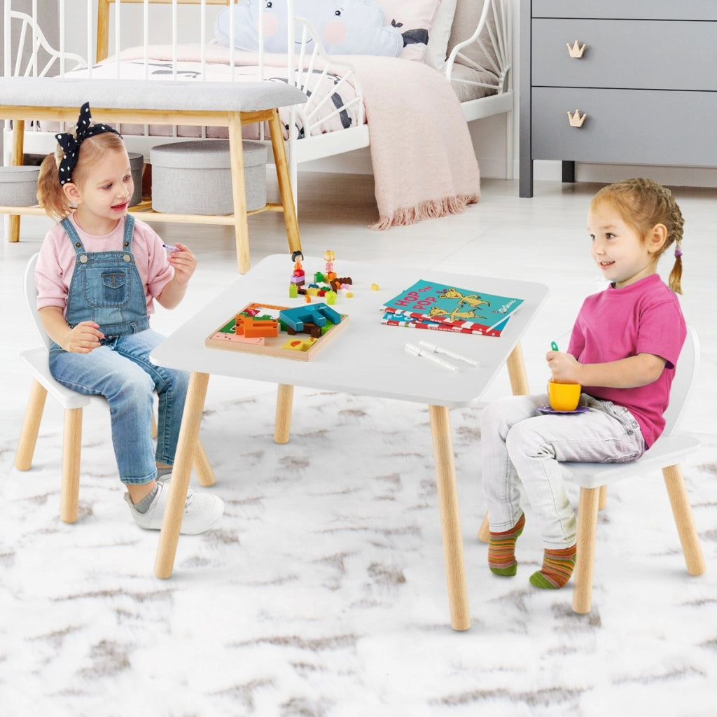 Set tavolo sedie per bambini 3 pezzi per arte, Tavolo e 2 sedie a coniglio gambe in legno massiccio Bianco