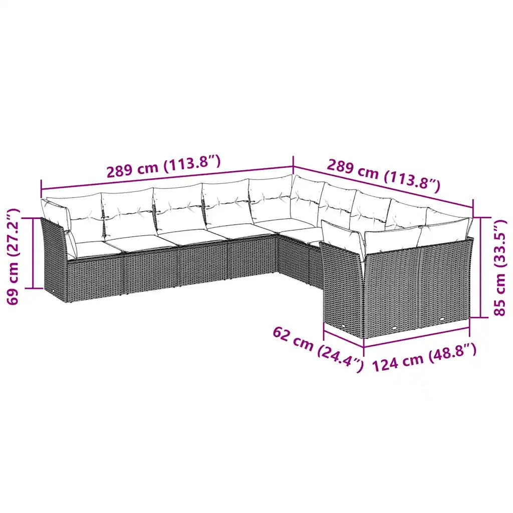 Set Divano Giardino 10 pz con Cuscini Grigio Chiaro Polyrattan 3250081