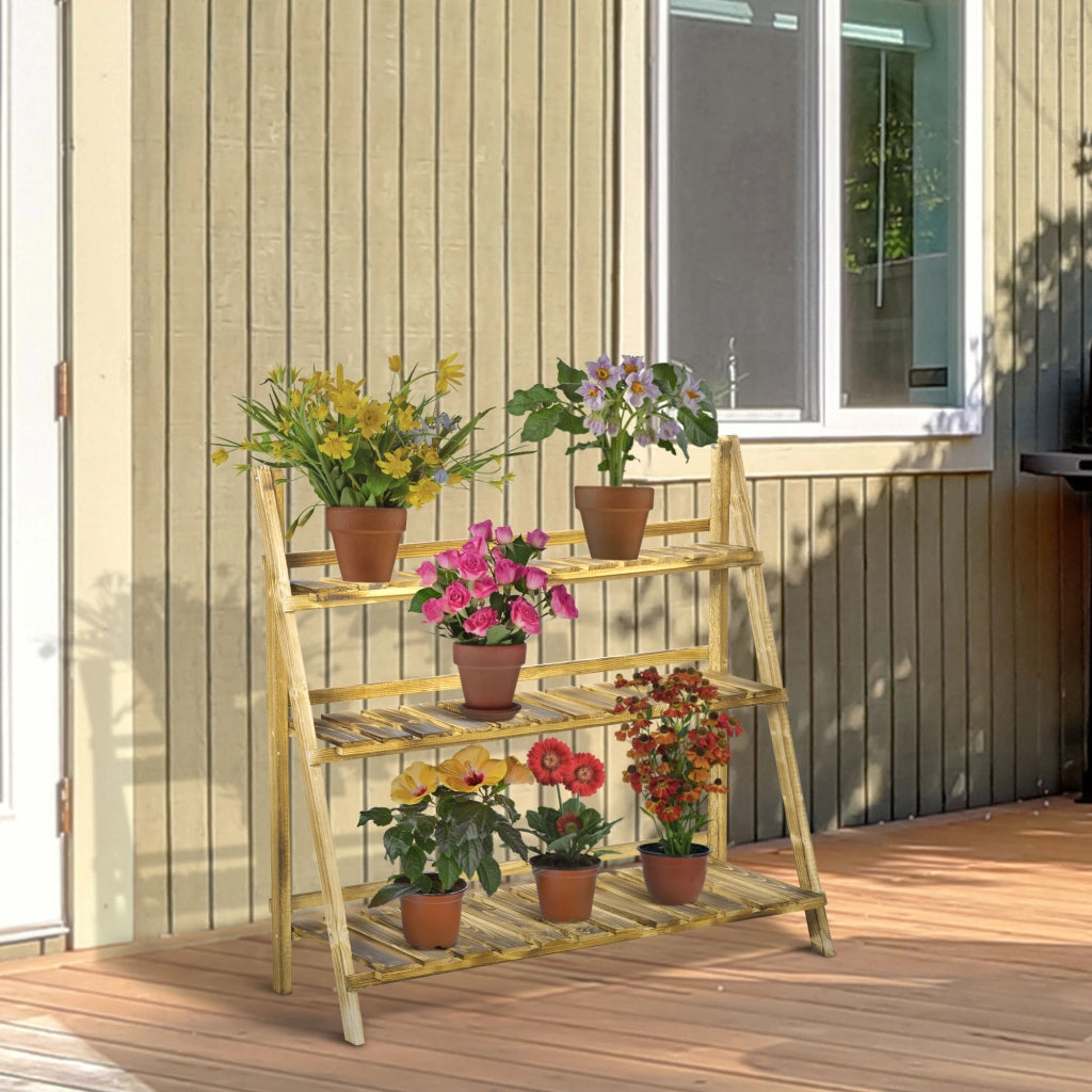 Portavasi Pieghevole in Legno di Abete 3 Livelli Scaffale per Piante da Esterno ¨C zephmum ¨C 100x37x93cm