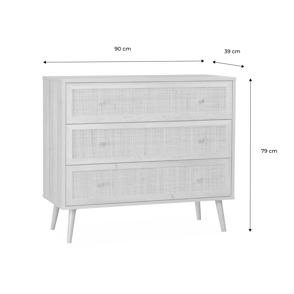 Cassettiera effetto legno e canna 3 cassetti, bianco sporco