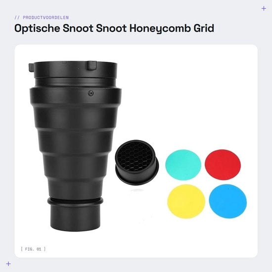 Snoot con Raster a Vetro di Miele - Supporto per Filtro in Alluminio - 4 Filtro Gel - Tubo di Luce - Per Studio Strobe Flash - Peso 255g - Accessorio per Luce