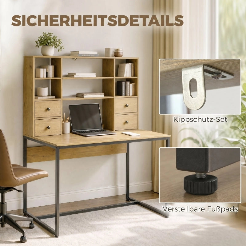 Scrivania per computer con 4 cassetti e ripiani, scrivania 105 cm, legno naturale