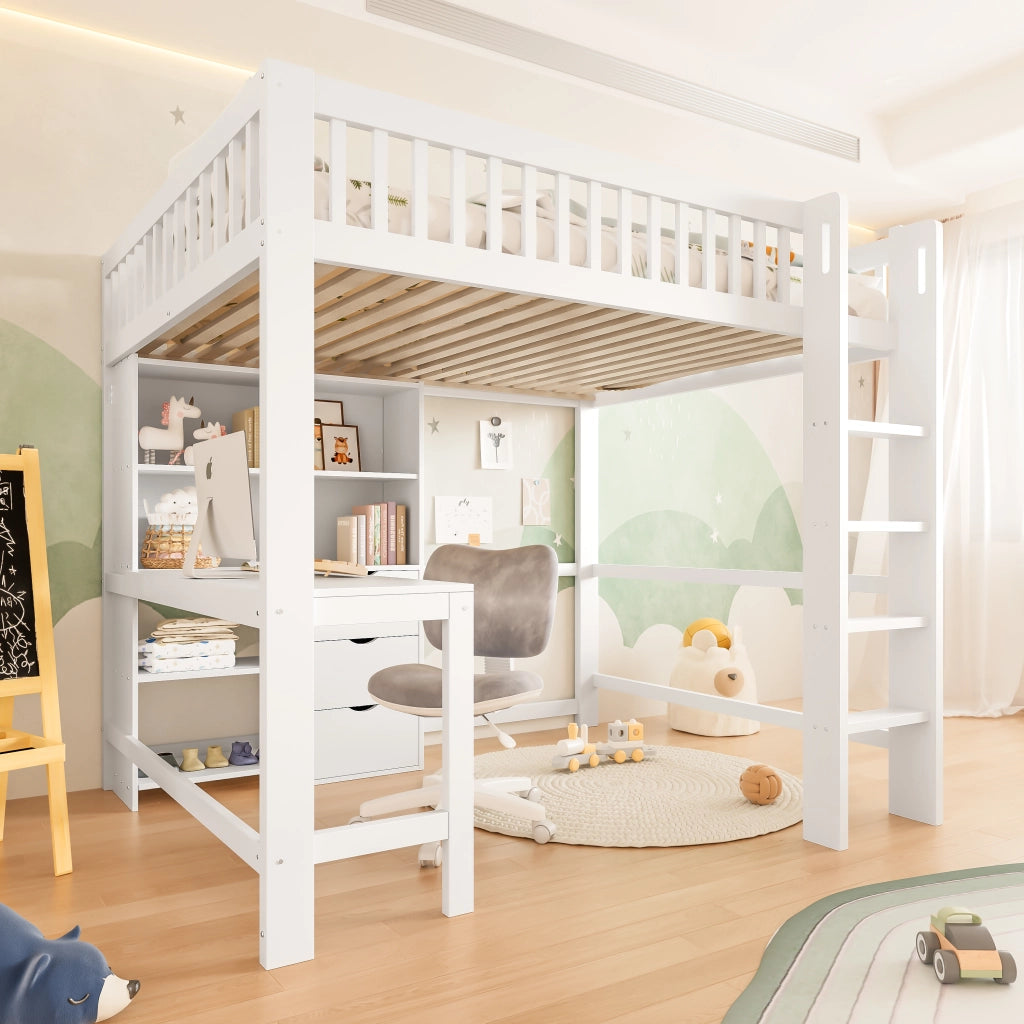 OKWISH Letto a soppalco 140×200 cm, Letto matrimoniale con Scrivania, 3 Cassetti, Mensole e Scala, senza Materasso, in Pino, Bianco