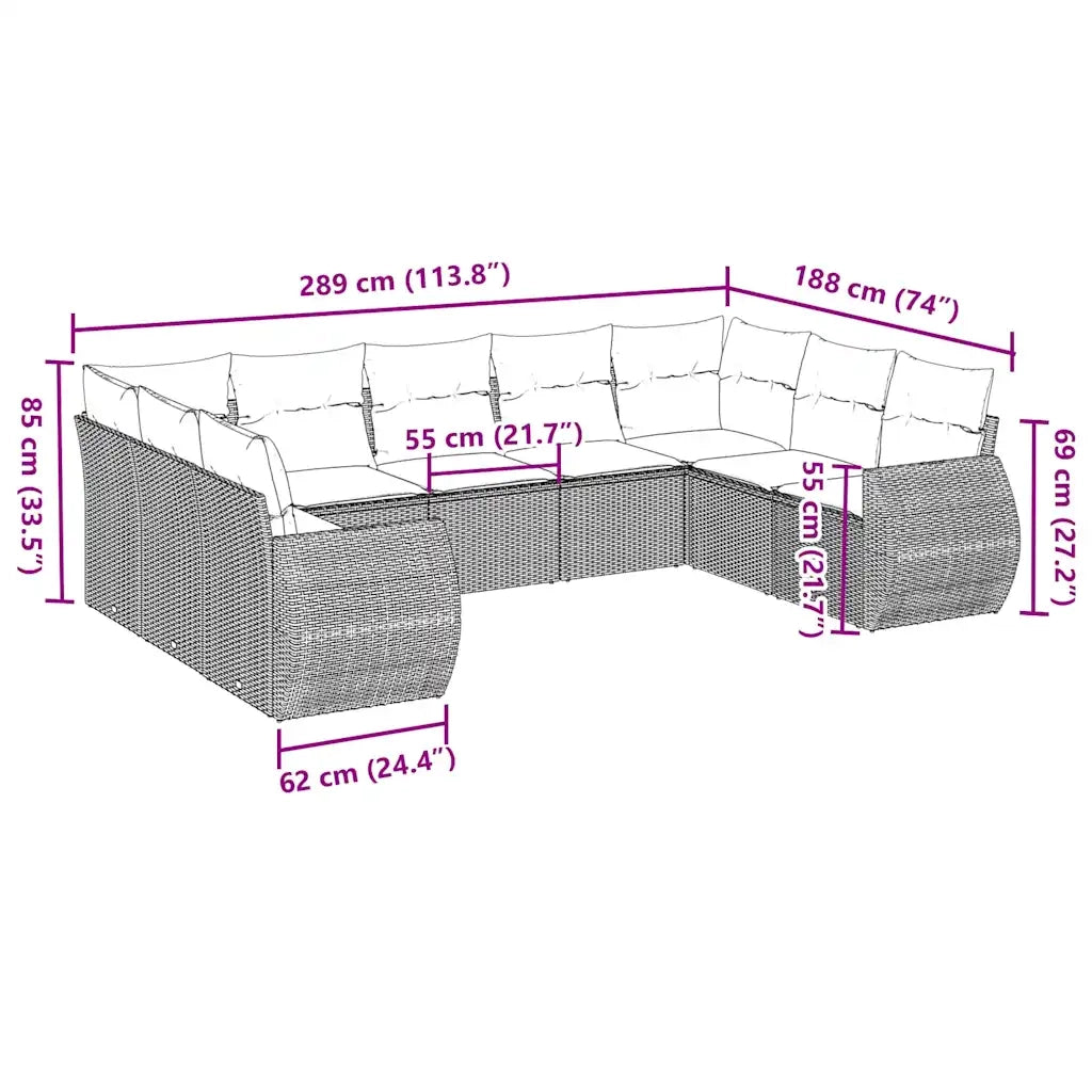 Set Divano da Giardino 9pz con Cuscini Grigio Chiaro Polyrattan 3254139
