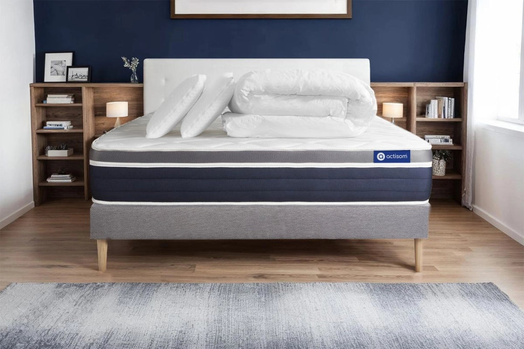 Pacchetto letto completo - Materasso 160x200cm + Box spring con doghe (in kit) + 2 cuscini + Piumino - Actilatex Confort