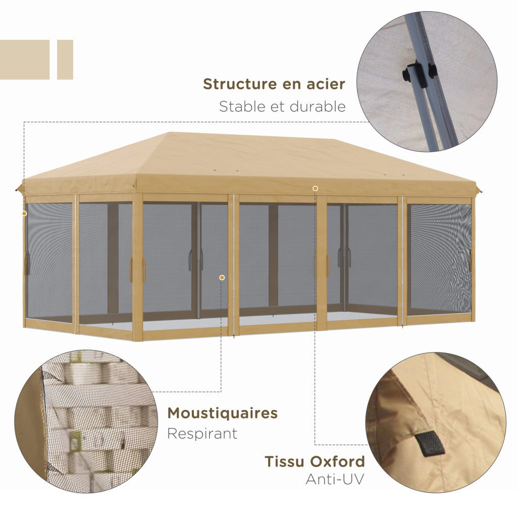 Gazebo Pieghevole Pop-up 6x3m ¨C Xylo ¨C Con Zanzariere Rimovibili e Borsa Beige Nero