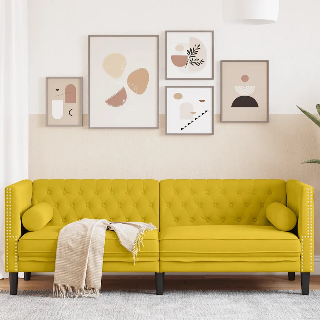 Divano Chesterfield con Rinforzi 3 Posti Giallo in Velluto 372699