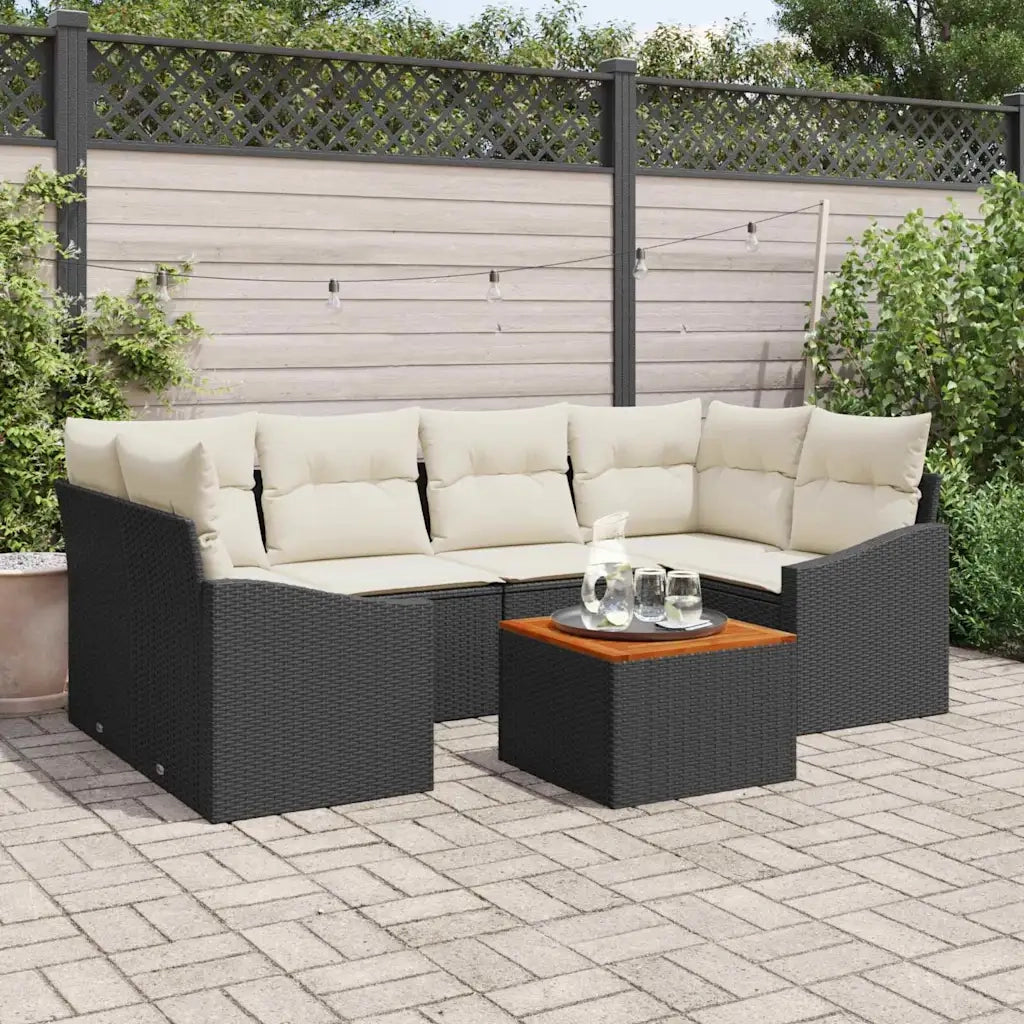 Set Divano da Giardino 7 pcs Nero e Crema polyrattan