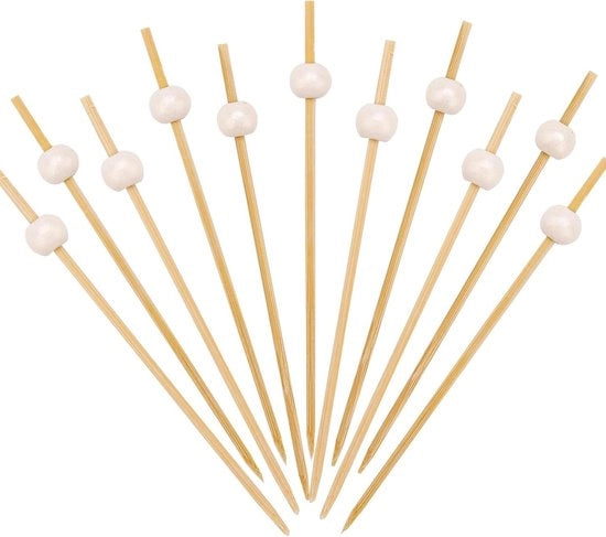 Spiedini di cocktail con perle - 100 pezzi | Spiedini di finger food 12 cm | Decorazione di matrimonio | Stuzzichini in legno per cocktail | Spiedini di frutta - Spiedini di formaggio | Set di decorazioni per cocktail