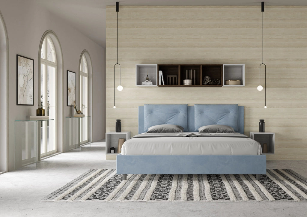 BS COM Letto senza rete imbottito 180x210 microfibra azzurro