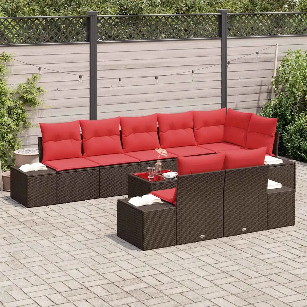 Set Divano da Giardino Marrone e Rosso Poly Rattan 3355793