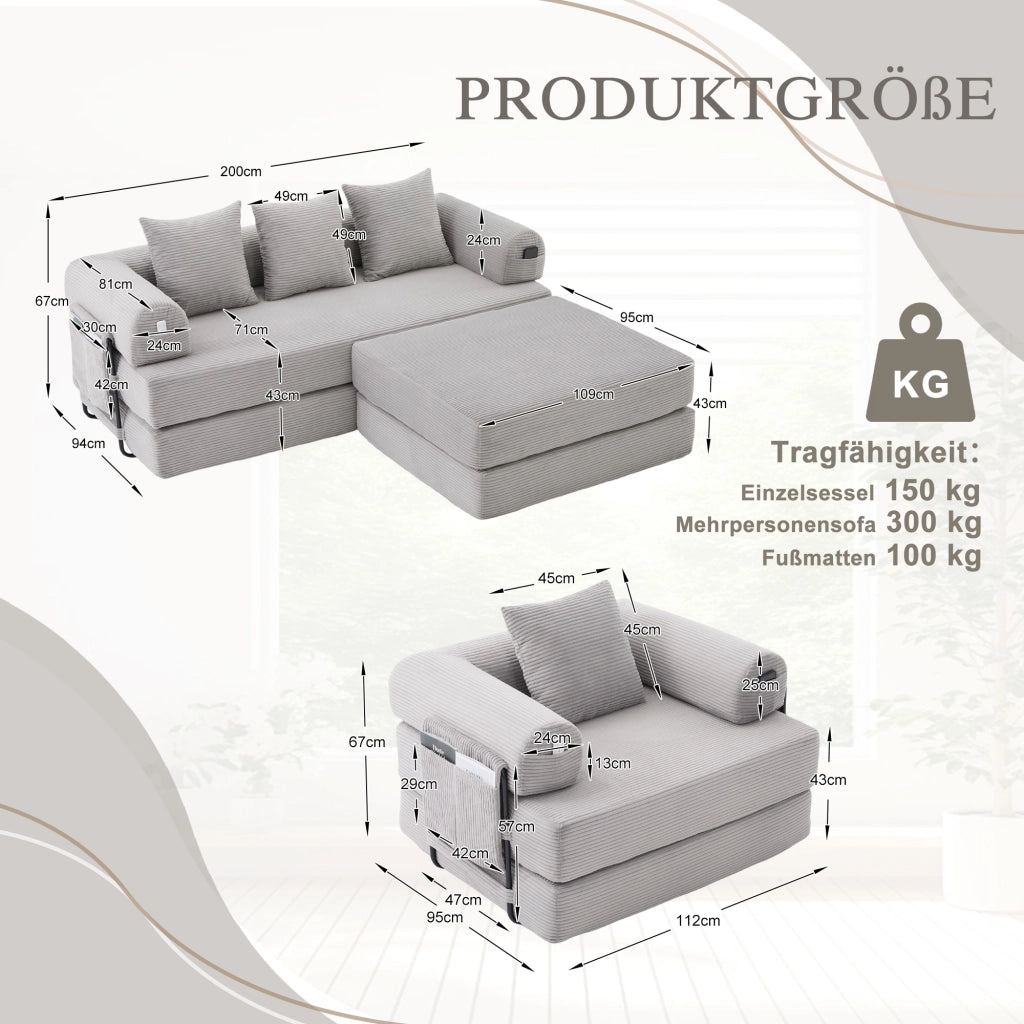 Sofa modulare 4 posti - Zephmum - Con poggiapiedi, struttura in metallo e cuscini