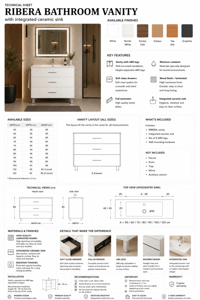 Mobile bagno con lavabo ORIGENBATH RIBERA senza specchio 60x45 cm frassino tea