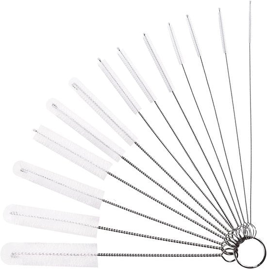 Set a spazzolatura da 13 pezzi per pulire bottiglie, pentole, canne, bicchieri con collo stretto e pipette - Bianco