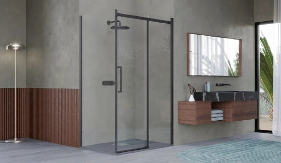 Box Doccia 2 lati 100x150 cm SENZA TELAIO H200 cm da 8mm: lato fisso + porta scorrevole FIORE Nero Opaco