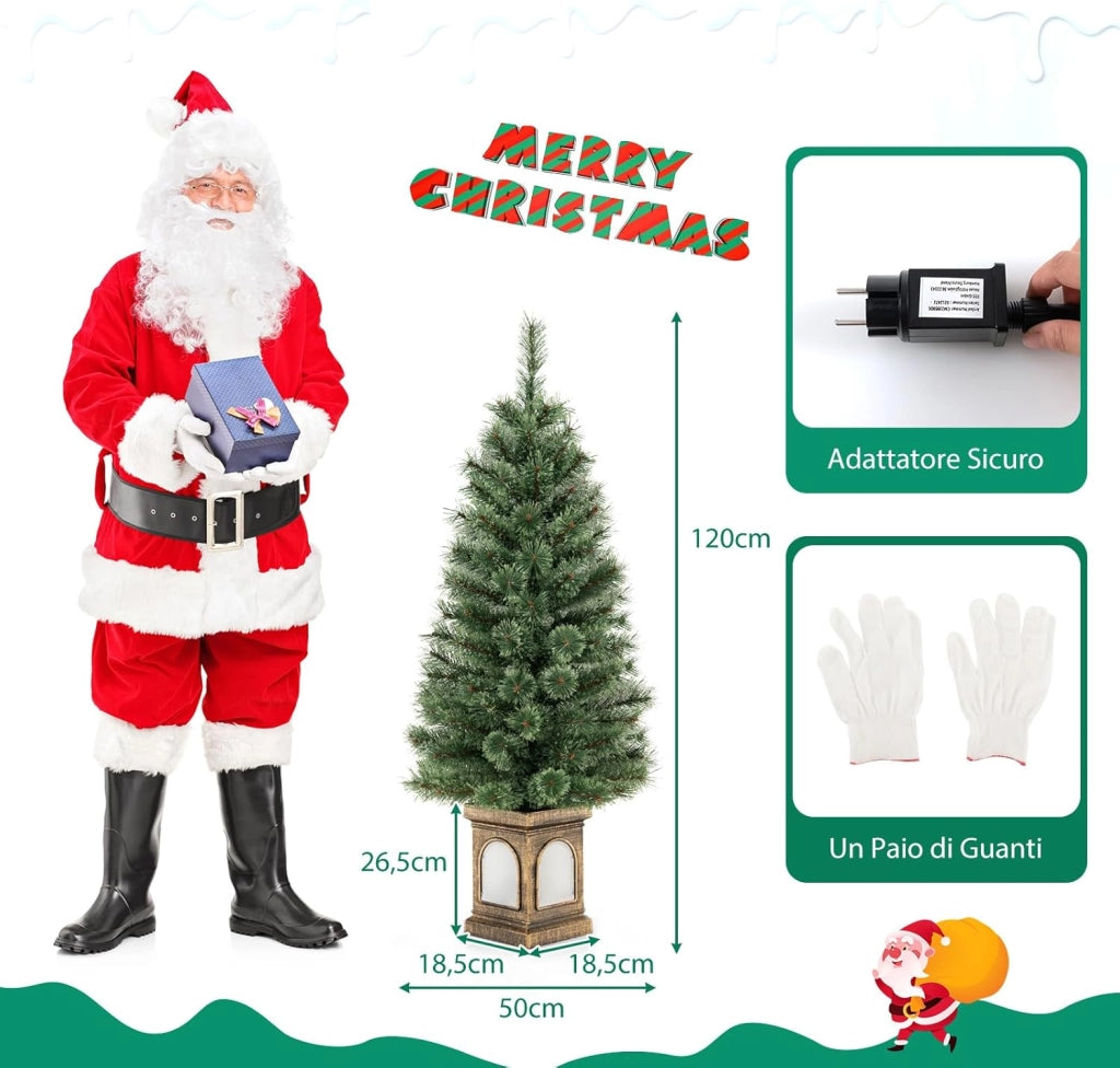 Albero di Natale Piccolo da Tavolo 120 cm, Albero di Natale Artificiale in Vaso con Luci e Rami Densi, Decorazione Natalizia per Casa, Ufficio e Negozio (Verde e Bronzo)