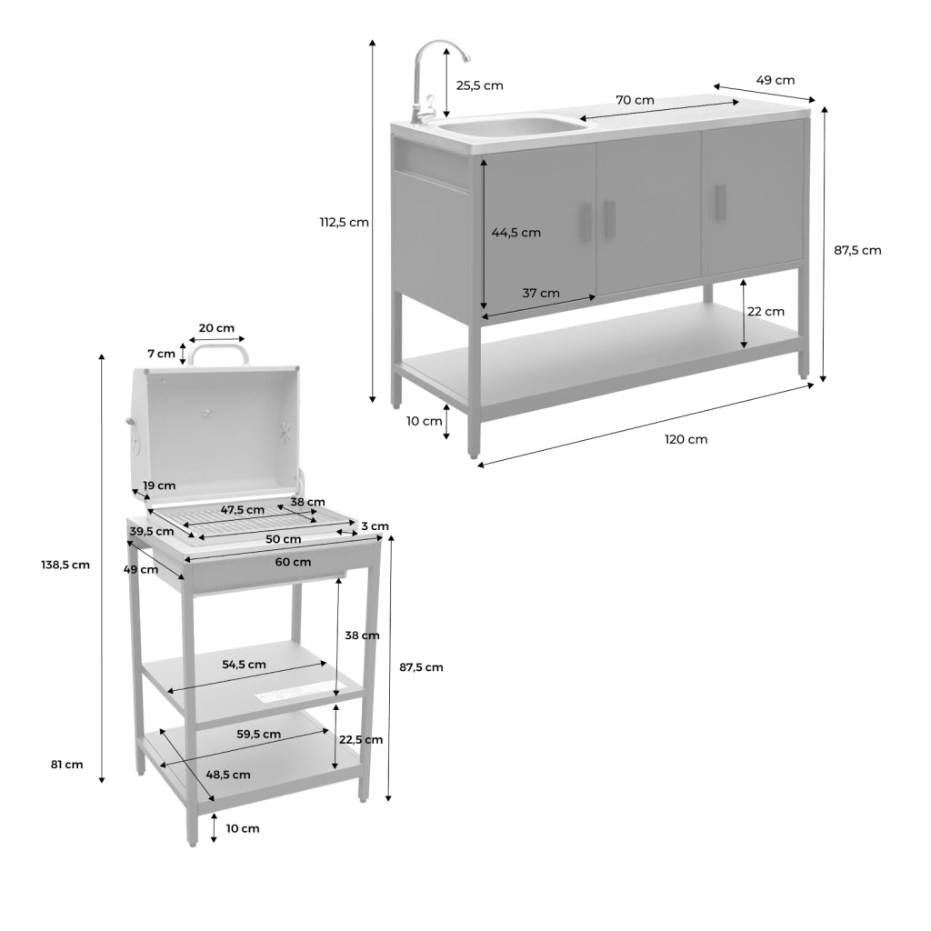 Cucina esterna, 2 moduli e barbecue a carbone con lavandino, blu