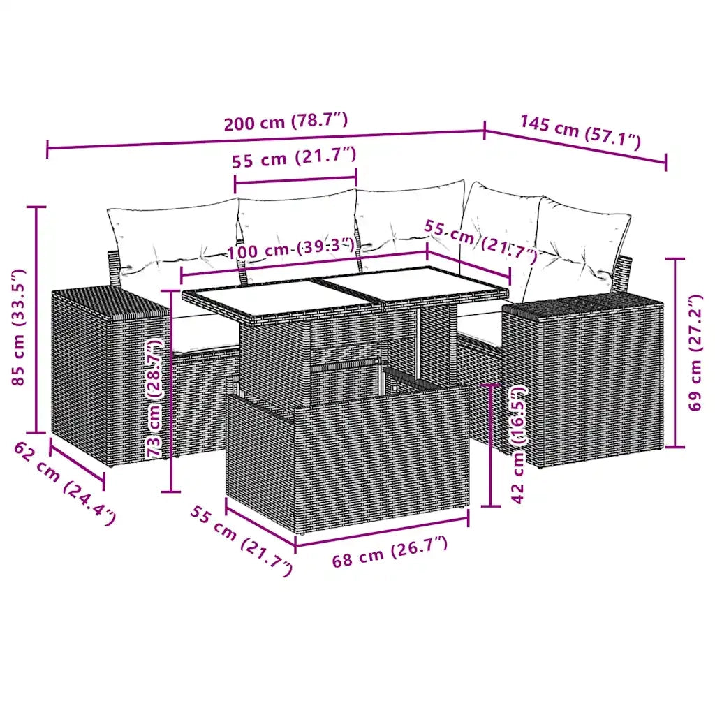 Set Divano da Giardino 5 pz con Cuscini Marrone in Polyrattan 3269143