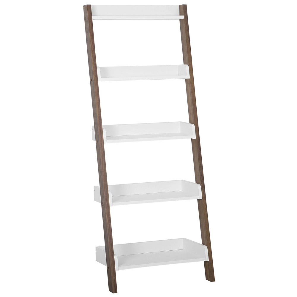 Libreria a a scala 5 ripiani in legno scuro con espositore per libri bianco