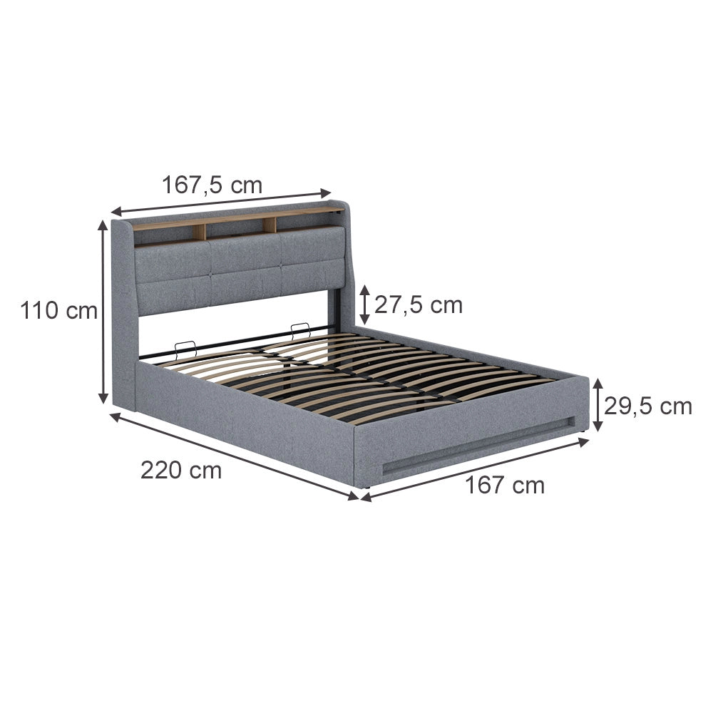 Vitalispa Letto imbottito Grigio/quercia 160x200 con LED e porta USB