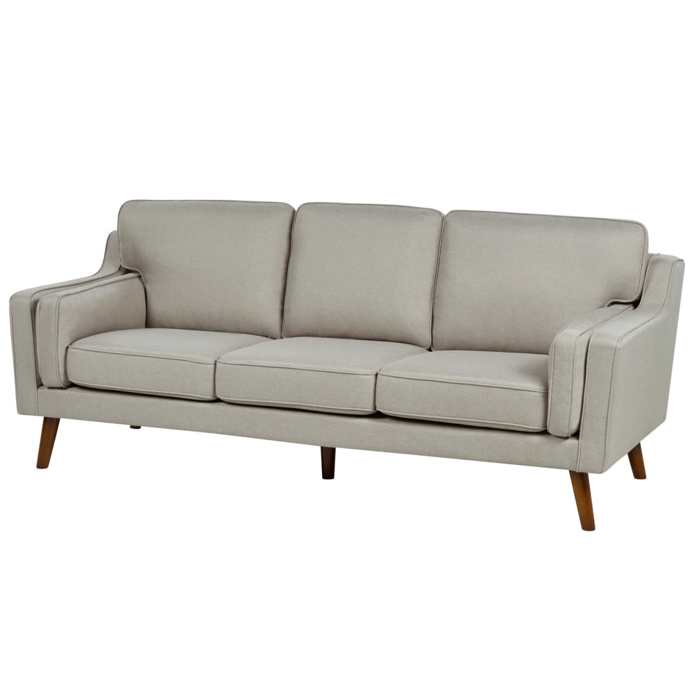 Divano moderno a 3 posti imbottito in tessuto beige e gambe in legno stile classico e moderno